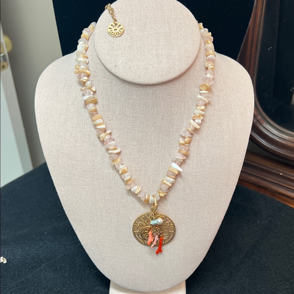 Beaded Necklace with Gold filigree Pendant with coral turquoise and pearl beads